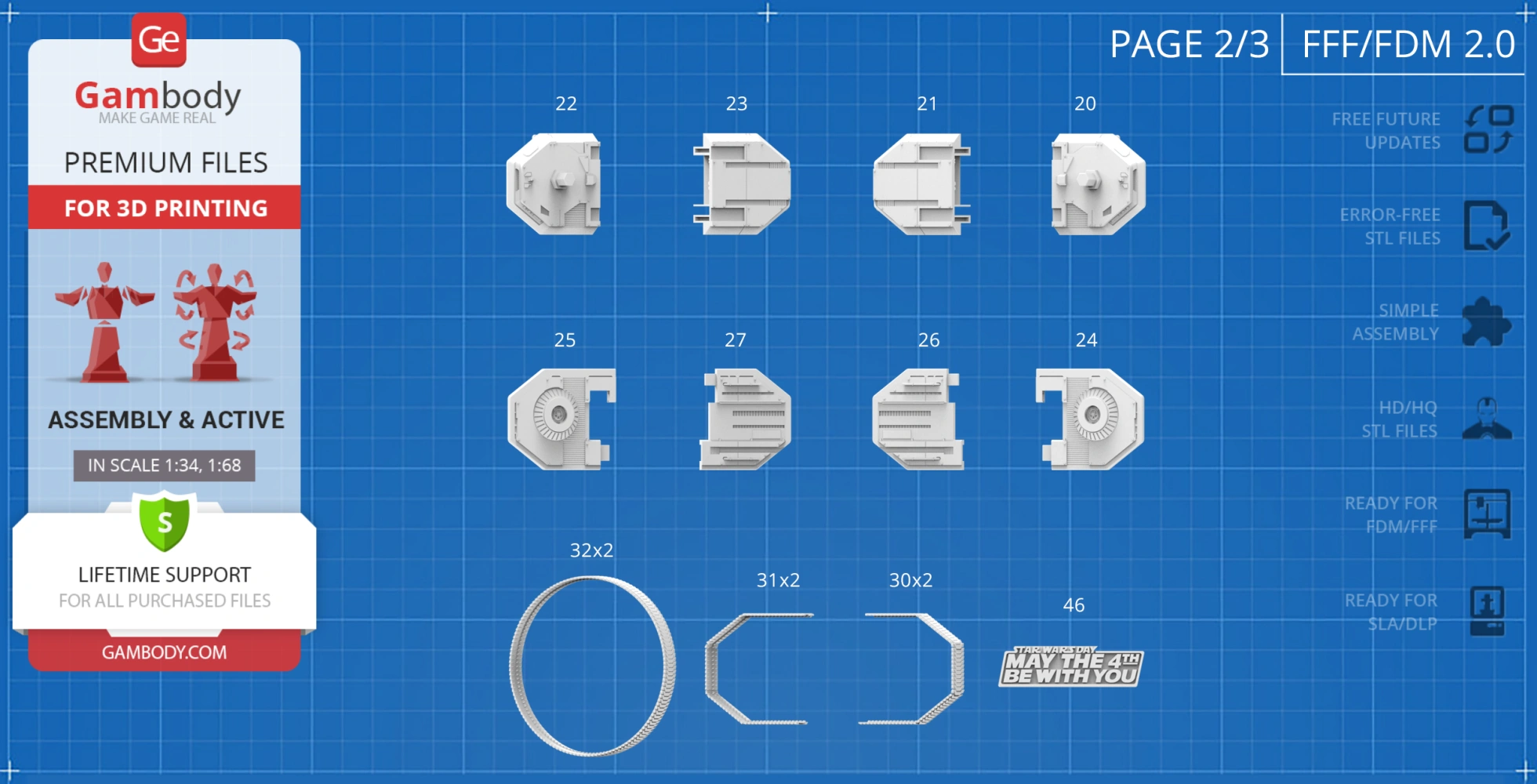 Star Wars TIE Crawler 3D printing parts layout on a blueprint background with assembly notes.