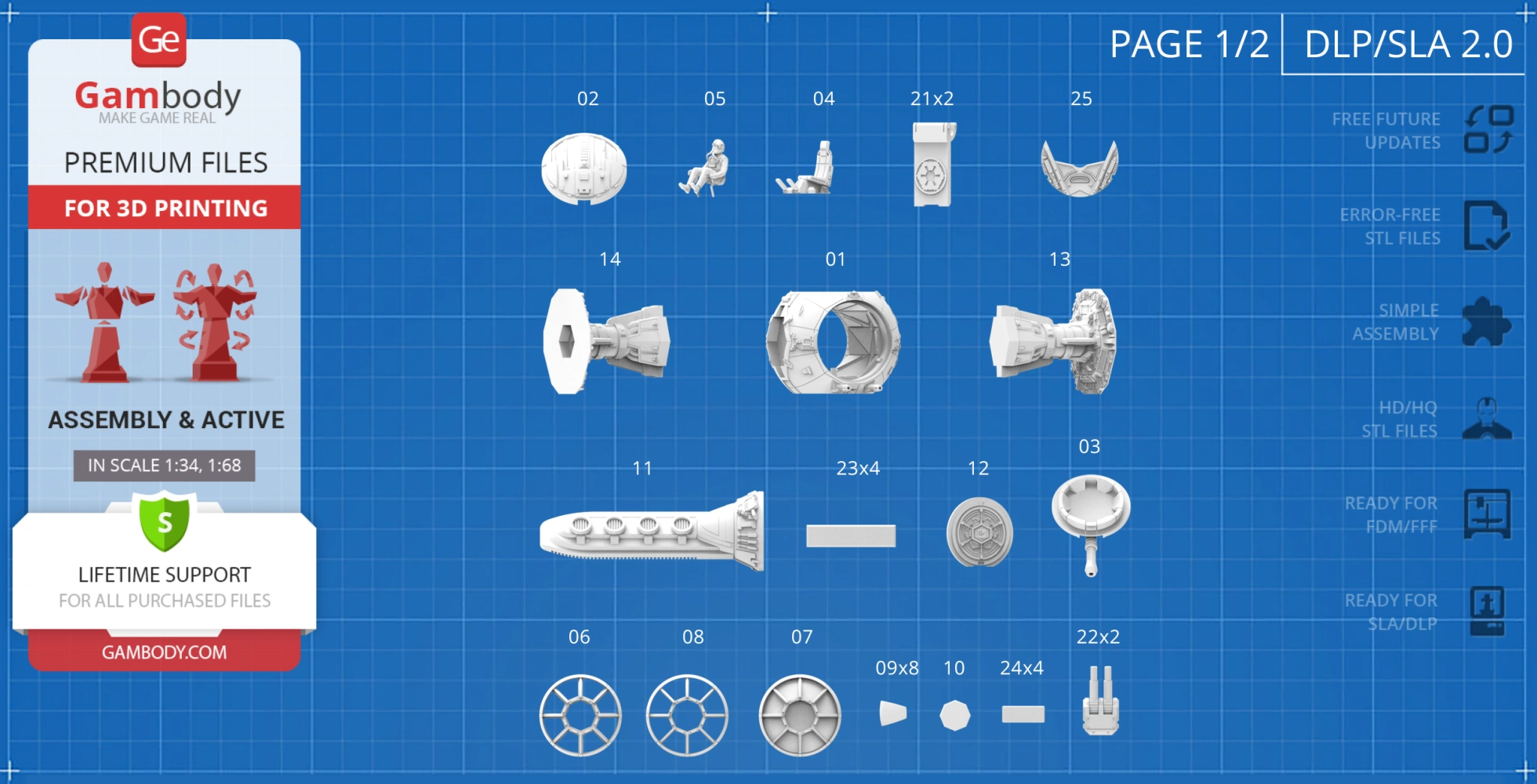 Collection of TIE Crawler 3D model components for assembly, displayed with part numbers on a blueprint background.