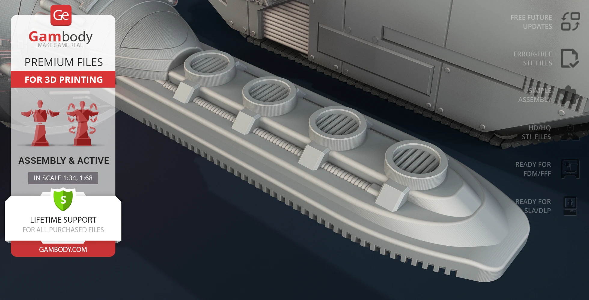 Detailed close-up of a 3D TIE Crawler model track section for printing, with various assembly options.