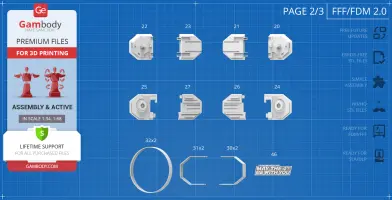 Star Wars TIE Crawler 3D printing parts layout on a blueprint background with assembly notes.