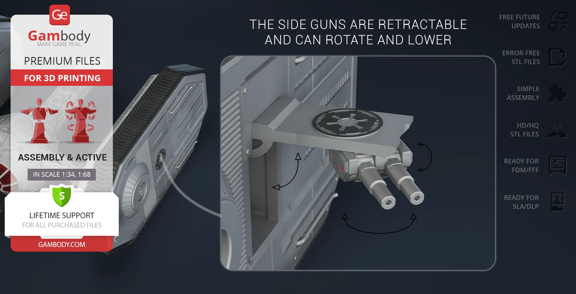 Star Wars TIE Crawler model showcasing retractable, rotatable side guns for 3D printing.