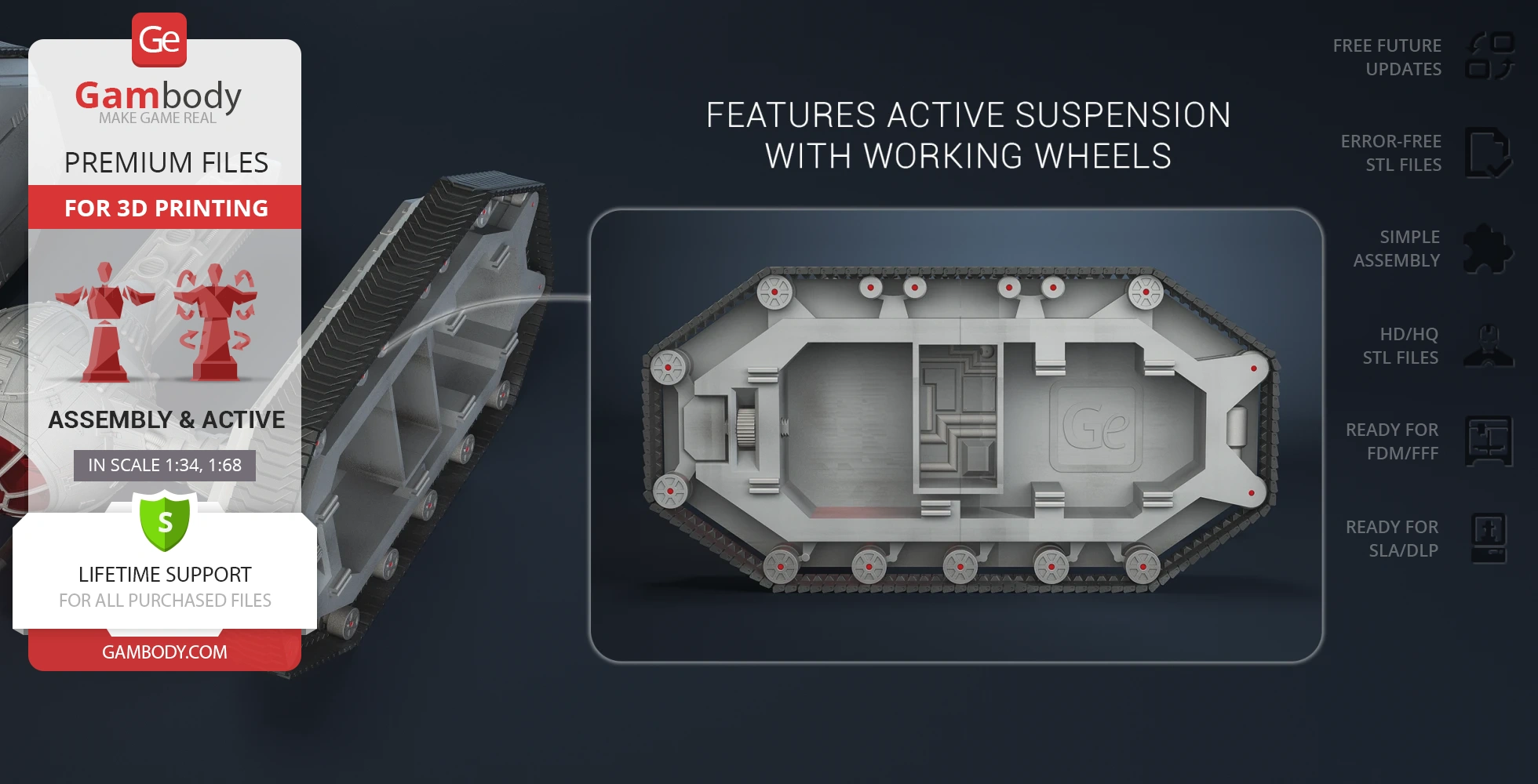 The image shows a TIE Crawler 3D model with active suspension for 3D printing, highlighting its features.