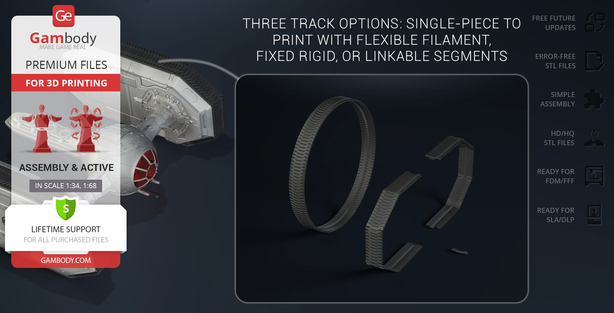 Star Wars TIE Crawler 3D model for printing, with track options and assembly features highlighted.