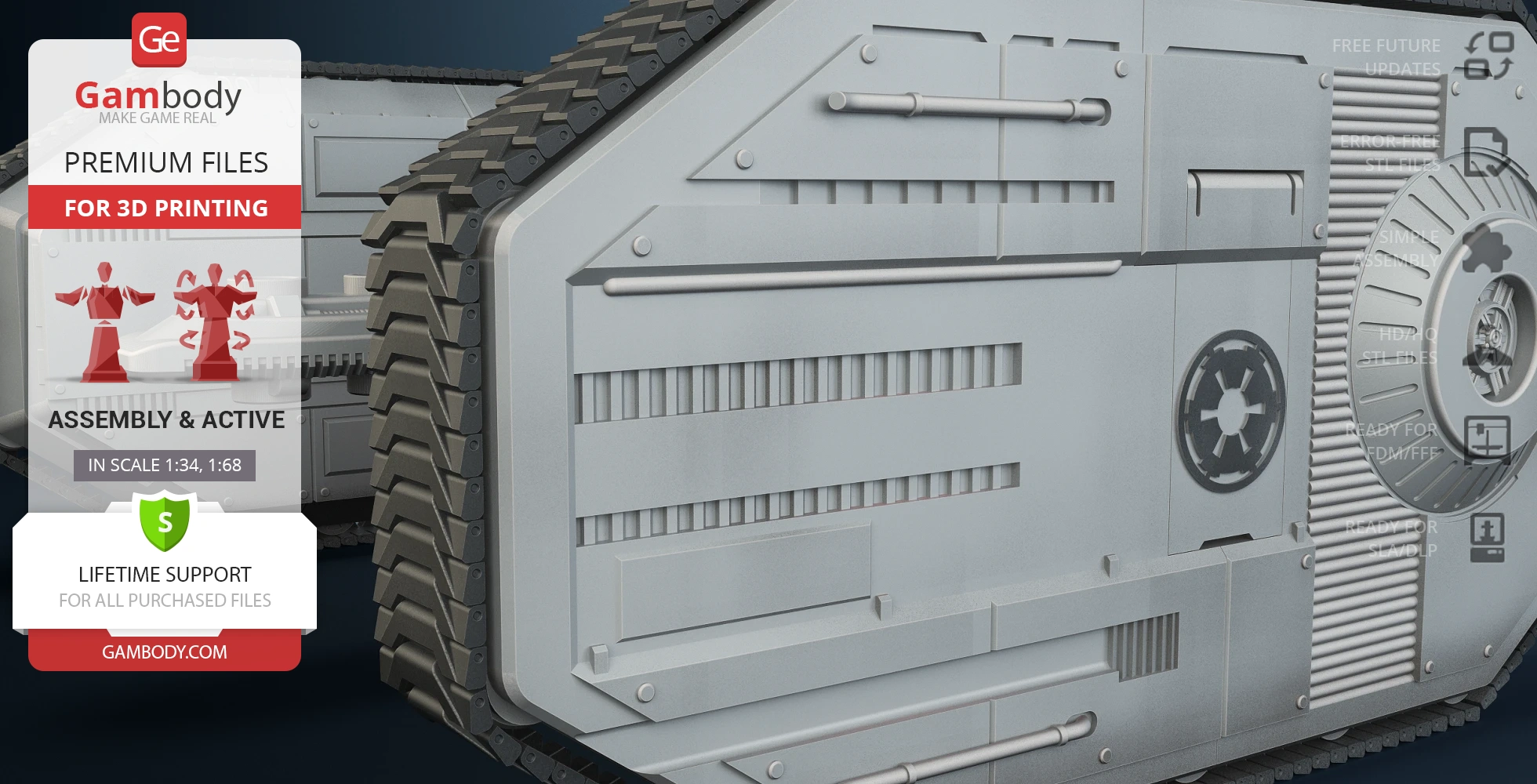 Close-up of Star Wars TIE Crawler model with detailed tread and body, ready for 3D printing.