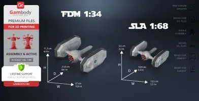 Star Wars TIE Crawler 3D model with dimensions for FDM and SLA printing on a Gambody info card.