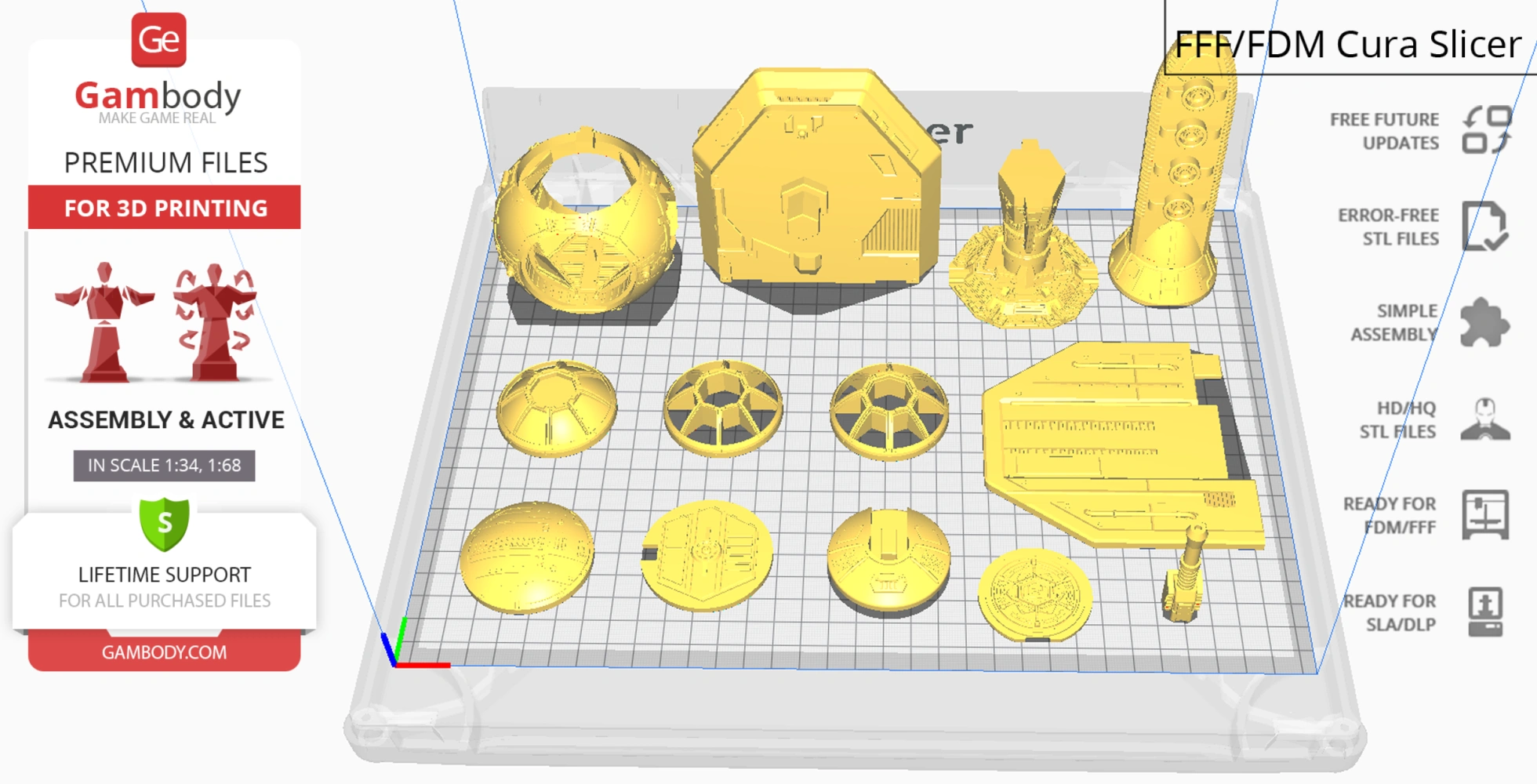 3D printing parts layout for TIE Crawler model from Star Wars on Gambody platform.