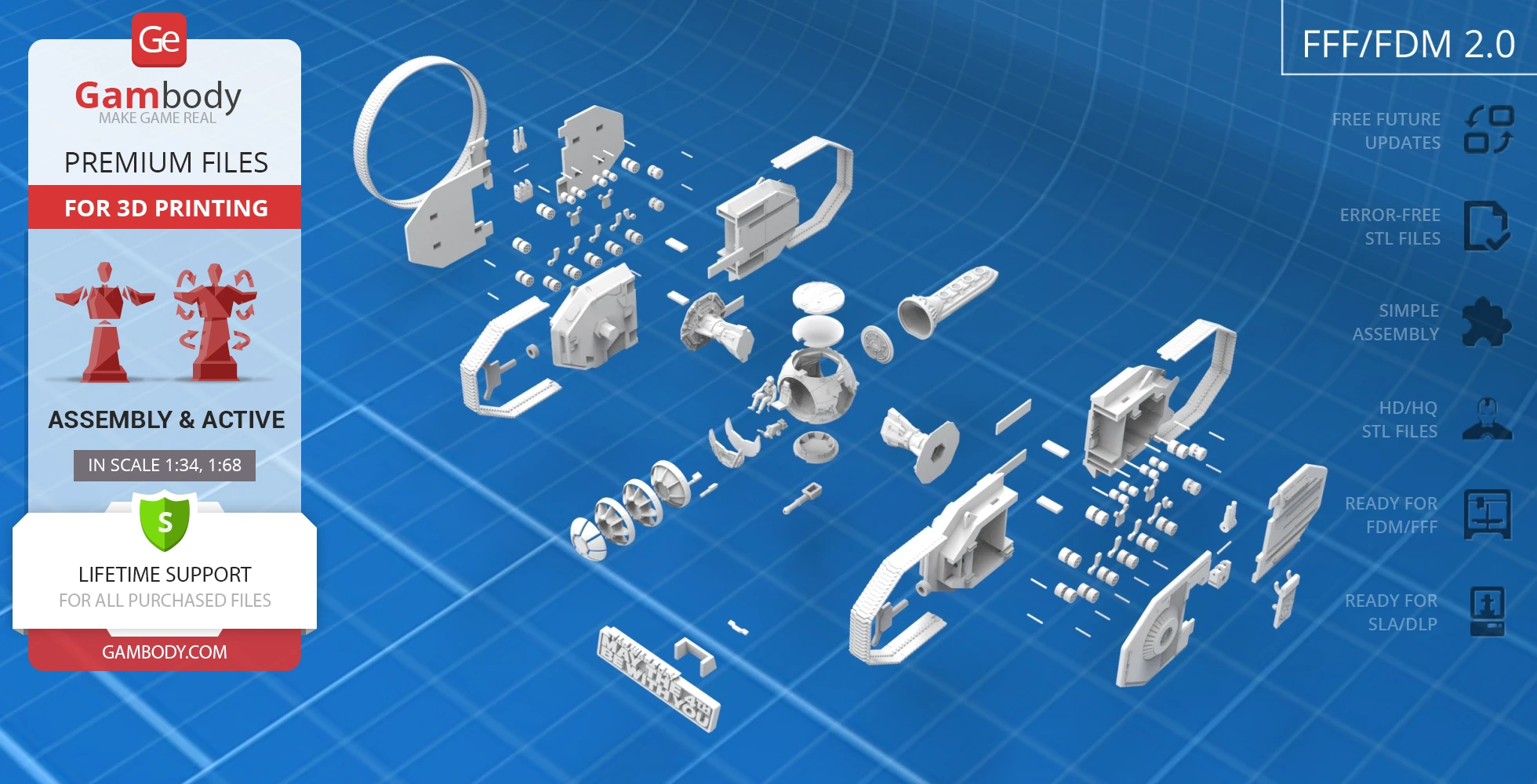 Exploded view of a 3D TIE Crawler model for printing, showcasing detailed components on a grid background.