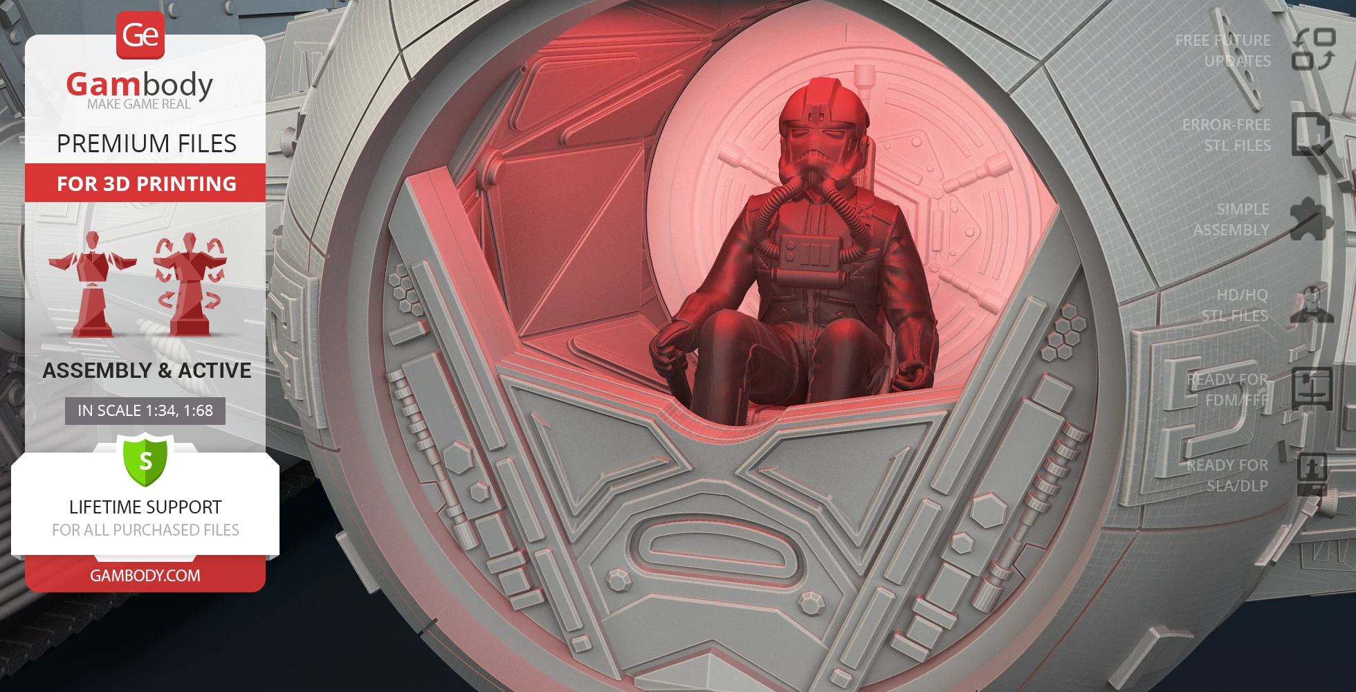 Pilot inside a TIE Crawler cockpit from Star Wars, detailed 3D model for printing.