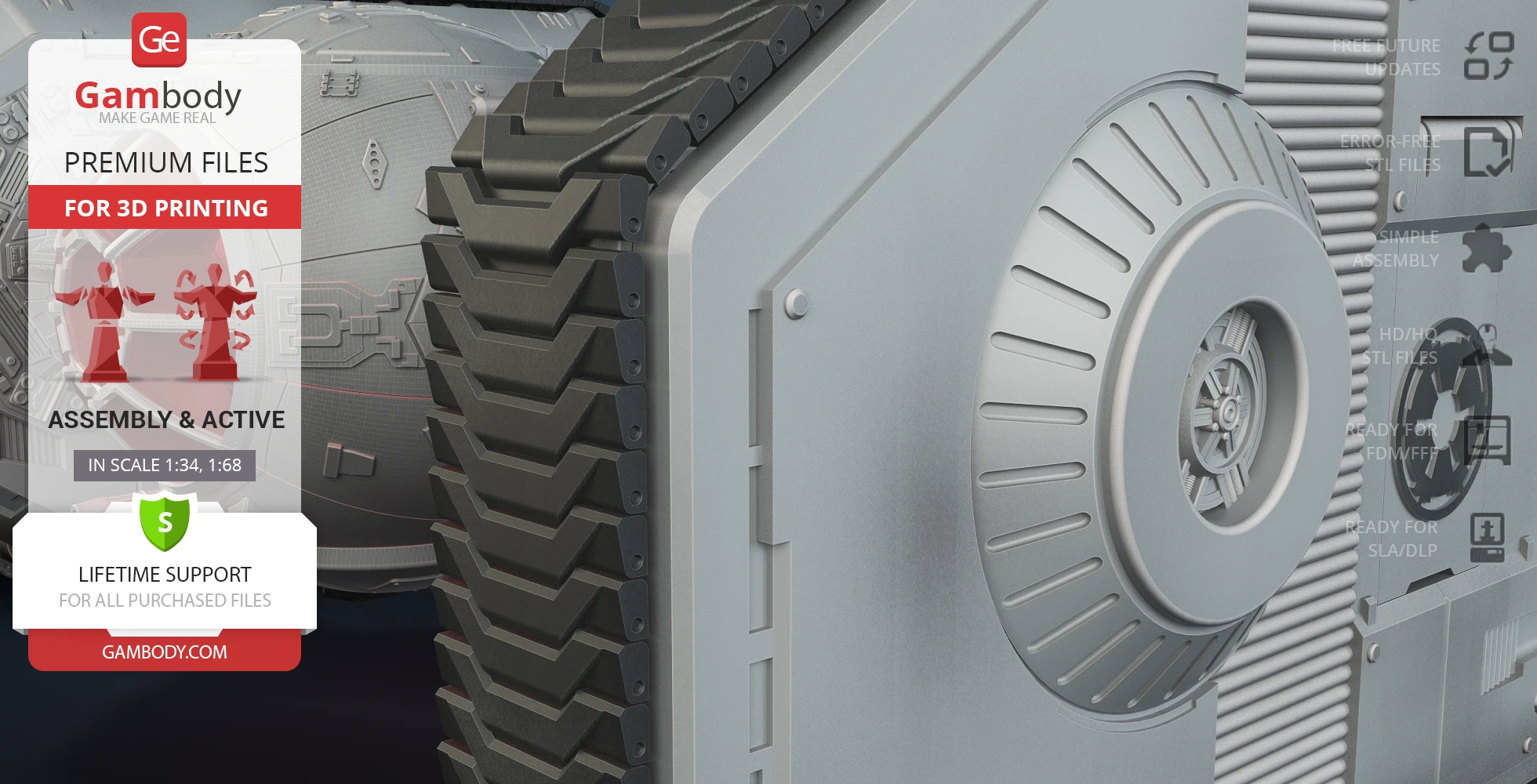 Close-up of a detailed TIE Crawler wheel section, designed for 3D printing by Gambody.