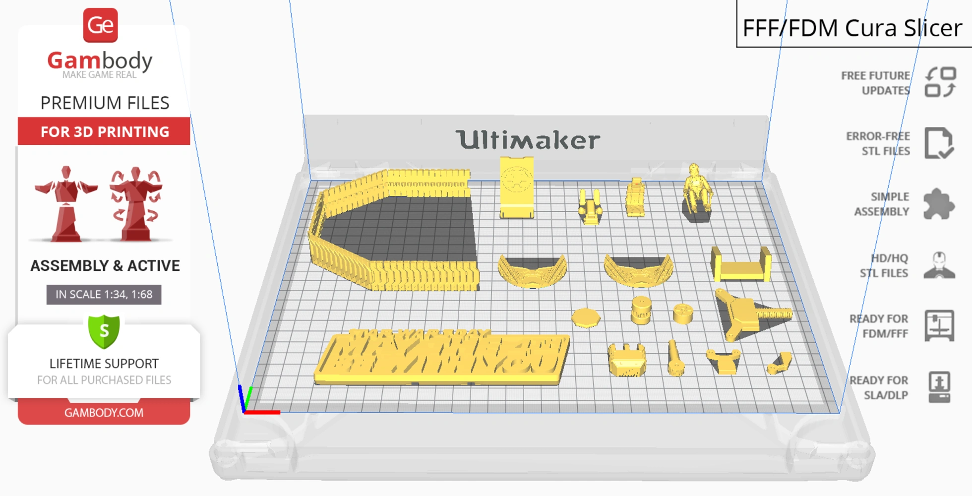 3D print layout of TIE Crawler model parts for assembly, displayed on a grid in slicing software.