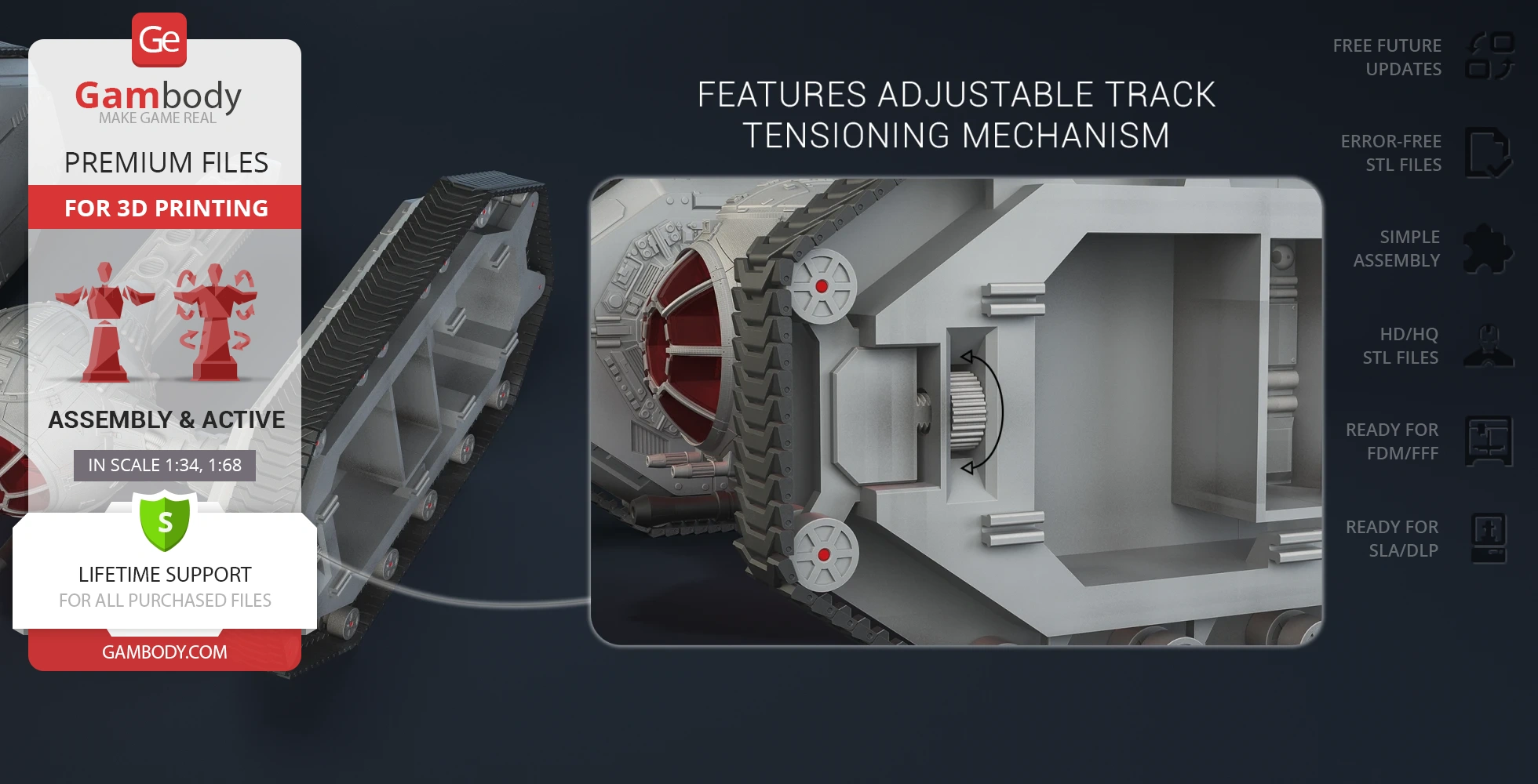 TIE Crawler 3D model featuring detailed adjustable track tensioning for 3D printing, by Gambody.