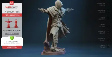 A hooded figure in a dynamic pose with pistols, wearing detailed pirate attire, standing on a textured base.