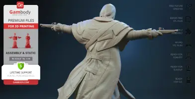 Hooded figure holding pistols, wearing detailed coat. STL file for 3D printing, features assembly and support info.
