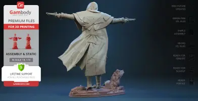 A cloaked figure with outstretched arms holding pistols, standing on a rocky base.
