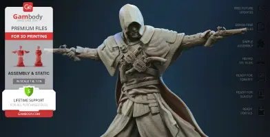 Hooded figure with outstretched arms, dual pistols, and detailed pirate attire, ready for 3D printing.