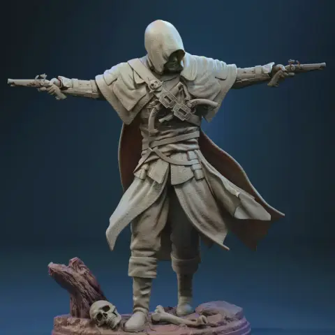 Hooded figure in pirate attire with outstretched arms, detailed base with skull and texture.