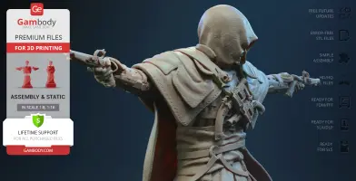 A hooded figure in detailed armor, dual-wielding pistols, ready for 3D printing.