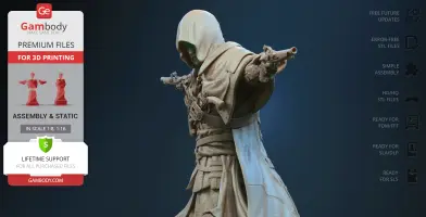 Hooded character in pirate attire, dual-wielding pistols, detailed 3D model for printing.
