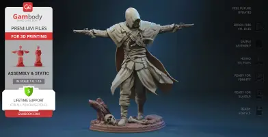 Hooded figure with outstretched arms holding pistols, standing on base with skull and bones.