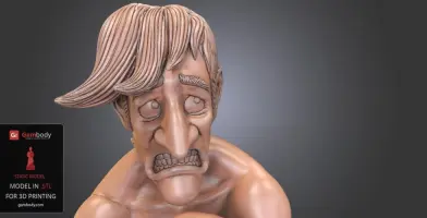 A stylized 3D bust of a worried man with exaggerated features and wavy hair.