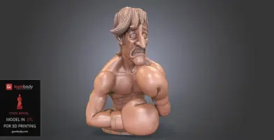 Bust of a cartoonish boxer with a nervous expression, muscular arms, and large boxing gloves.