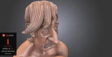 A detailed bust of a cartoonish character with exaggerated facial features and stylized hair.
