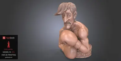 3D model of a cartoonish boxer with gloves, sculpted in a bust style, ready for 3D printing.
