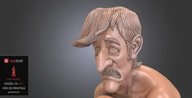 3D printed bust of a cartoonish man with exaggerated features and wavy hair, looking concerned.