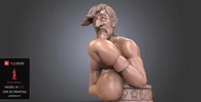 A stylized 3D bust of a boxer with gloves, showing an anxious expression.