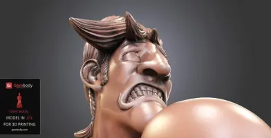 A detailed 3D bust of a stylized character with a grimacing expression and exaggerated hairstyle.