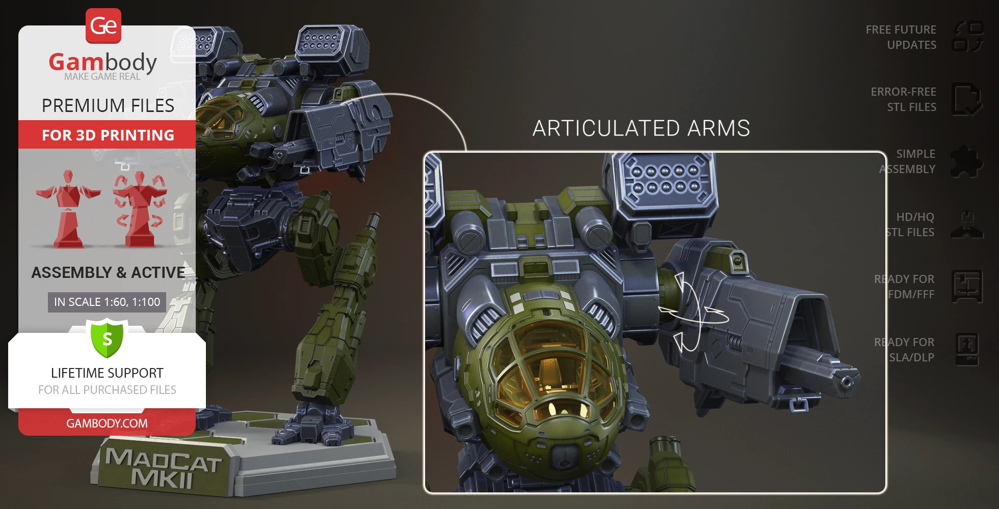 Model of the Mad Cat MkII Mech with articulated arms, designed for 3D printing.