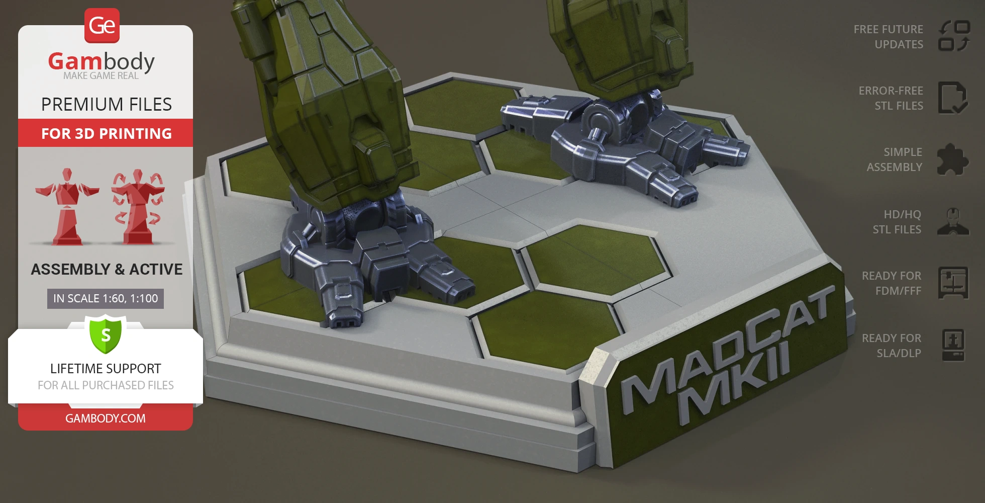 Model of a Mech's feet on a hexagonal base labeled 'Mad Cat MkII' for 3D printing.