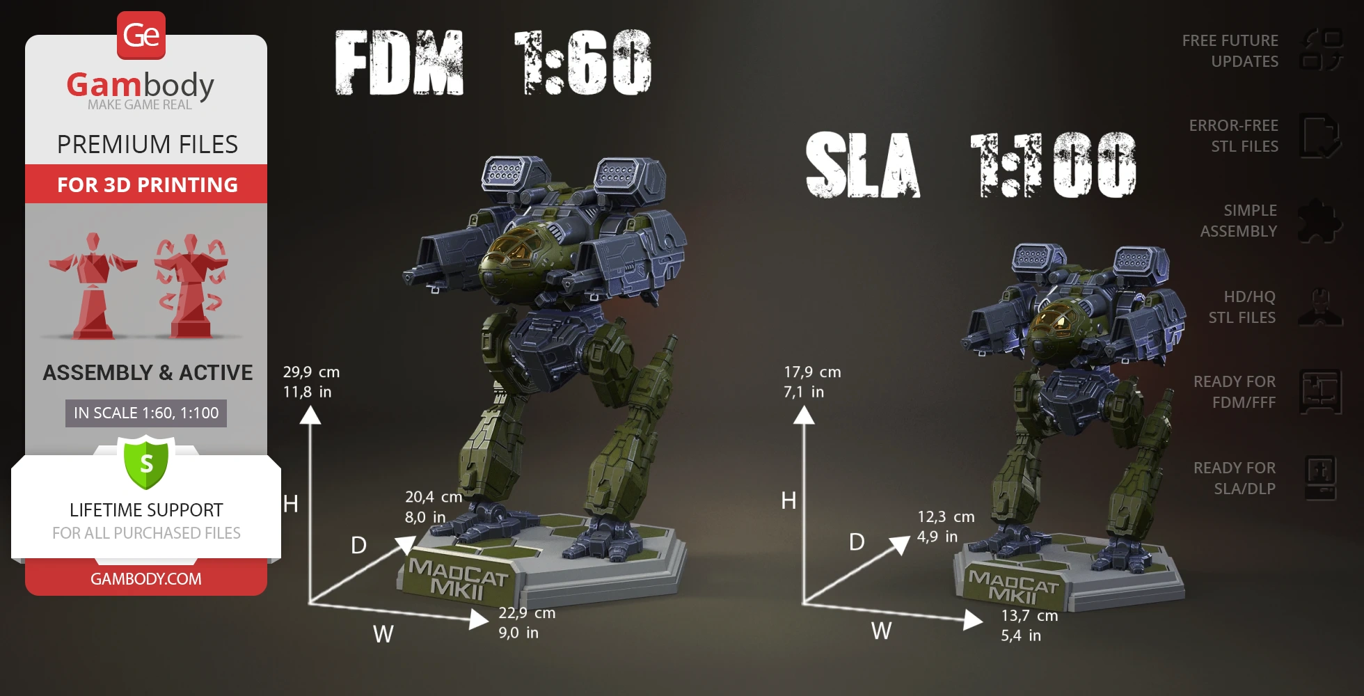 Two models of a Mad Cat MkII mech for 3D printing in FDM 1:60 and SLA 1:100 scales.