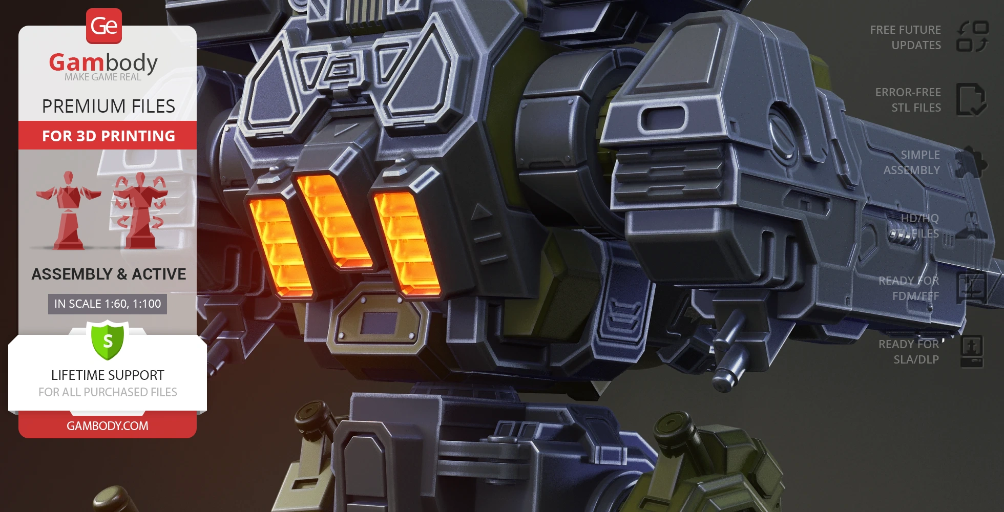 A detailed 3D model of a robotic mech with glowing orange vents, offered as files for 3D printing on Gambody.