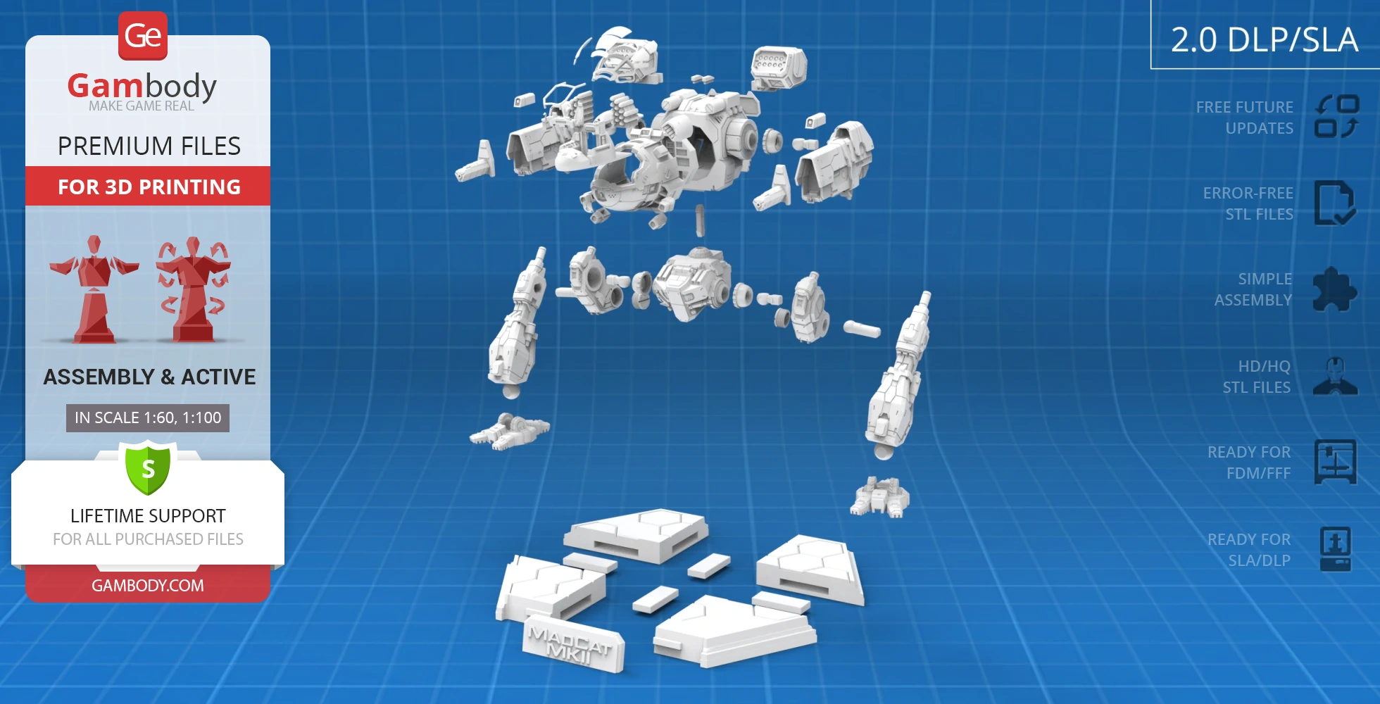 3D model parts of the MWO Mad Cat MkII mech, arranged in an exploded view, ready for printing.
