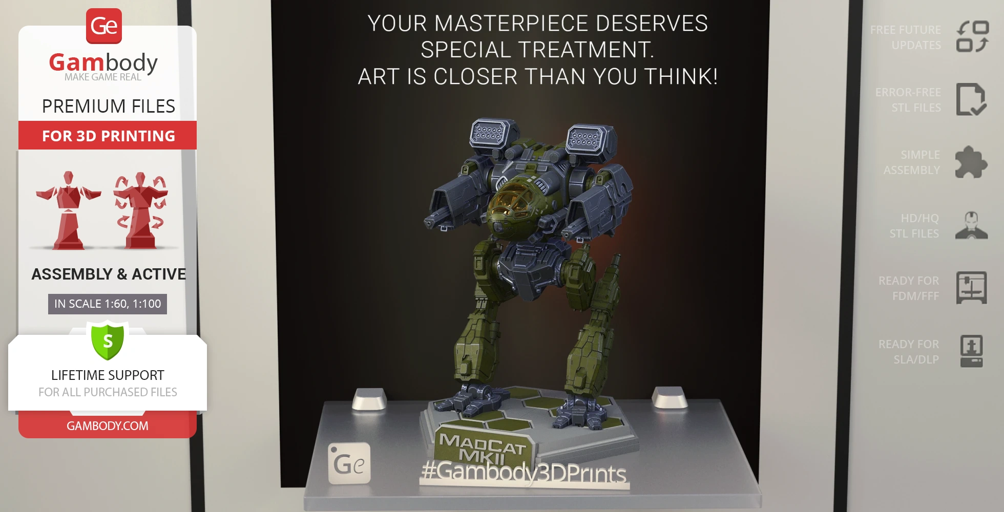A detailed 3D model of the Mad Cat MkII mech, posed on a display stand.