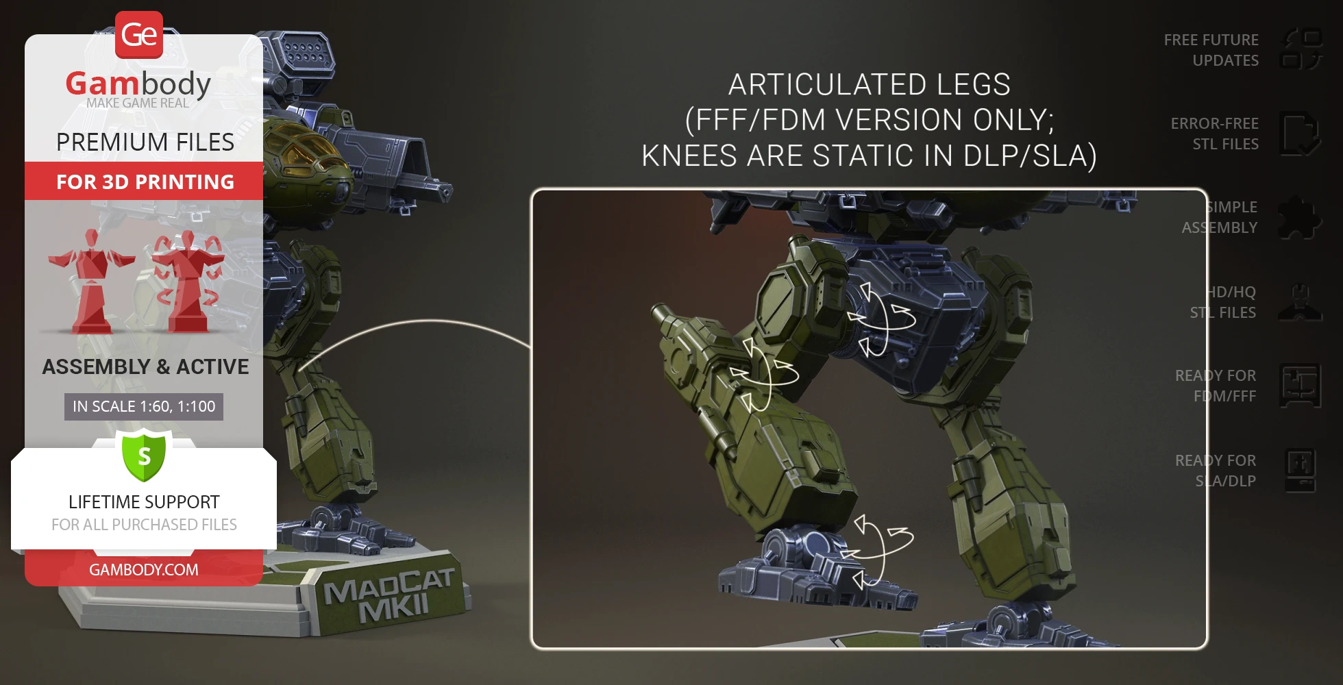 A 3D model of a Mad Cat MkII mech with articulated legs for 3D printing.