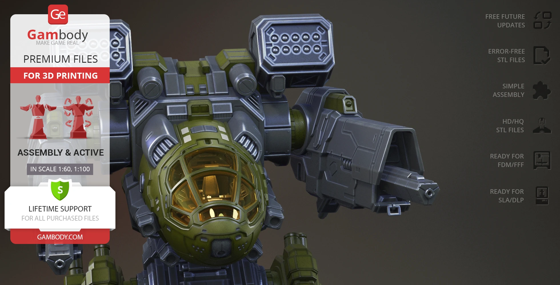 A detailed green and gray mech model with a cockpit and numerous mechanical features, designed for 3D printing.