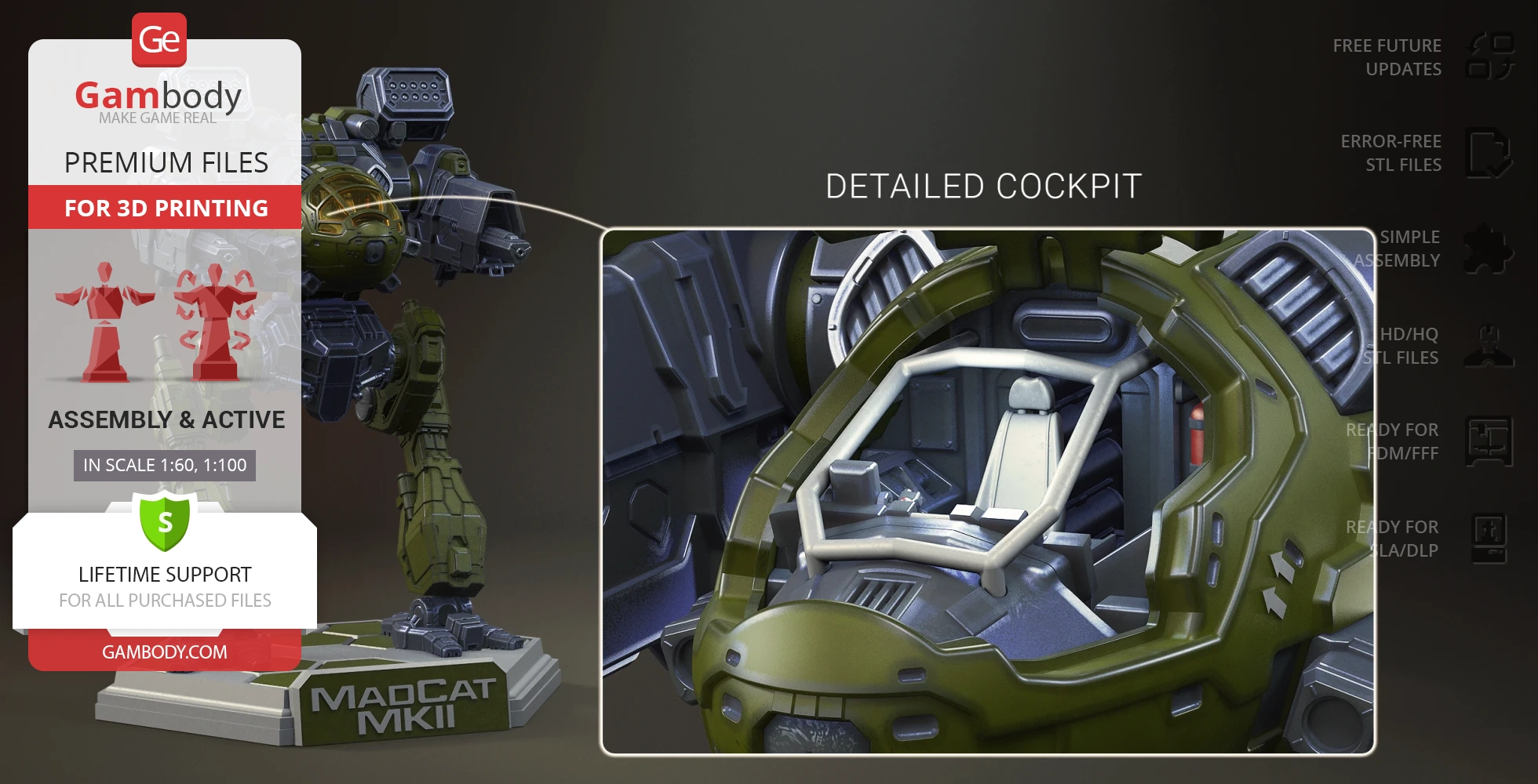 A detailed 3D model of the Mad Cat MkII mech cockpit for 3D printing, showcased on a Gambody display.