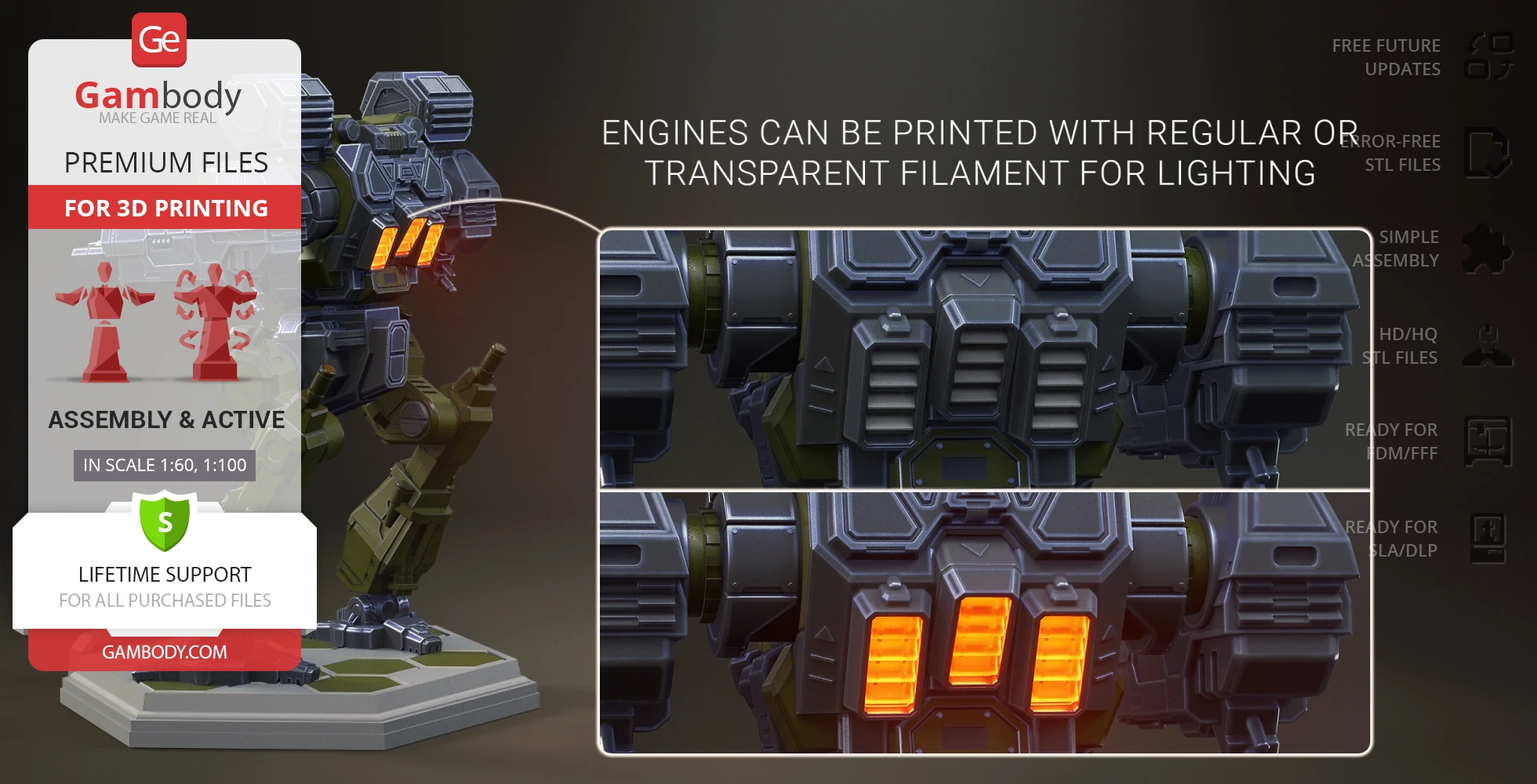 3D model of a Mad Cat MkII mech with detailed engine parts and lighting options for 3D printing.