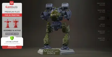 A detailed 3D model of a Mad Cat MkII mech, designed for 3D printing, displayed on a platform.