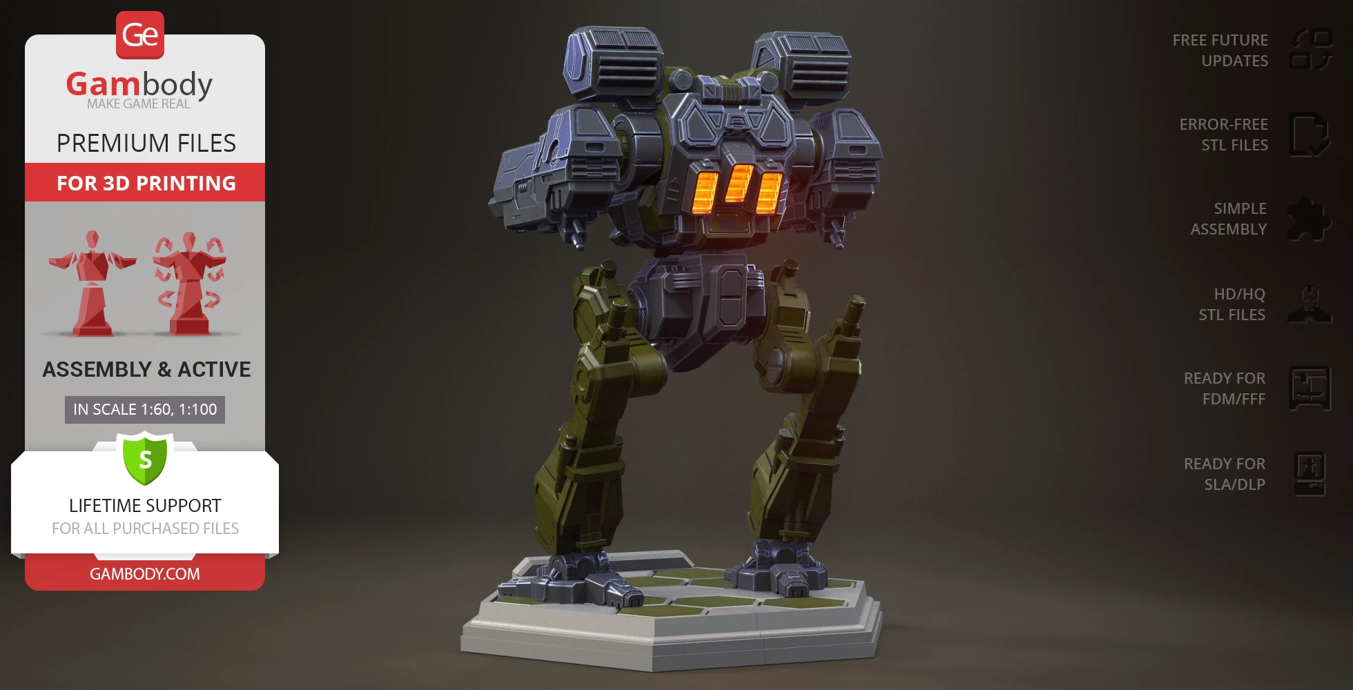 A detailed 3D model of a Mech warrior on a display platform, designed for 3D printing.