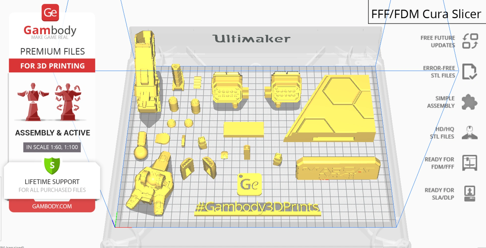 Yellow 3D printable parts arranged for the Mad Cat MkII mech from MechWarrior on a grid layout.