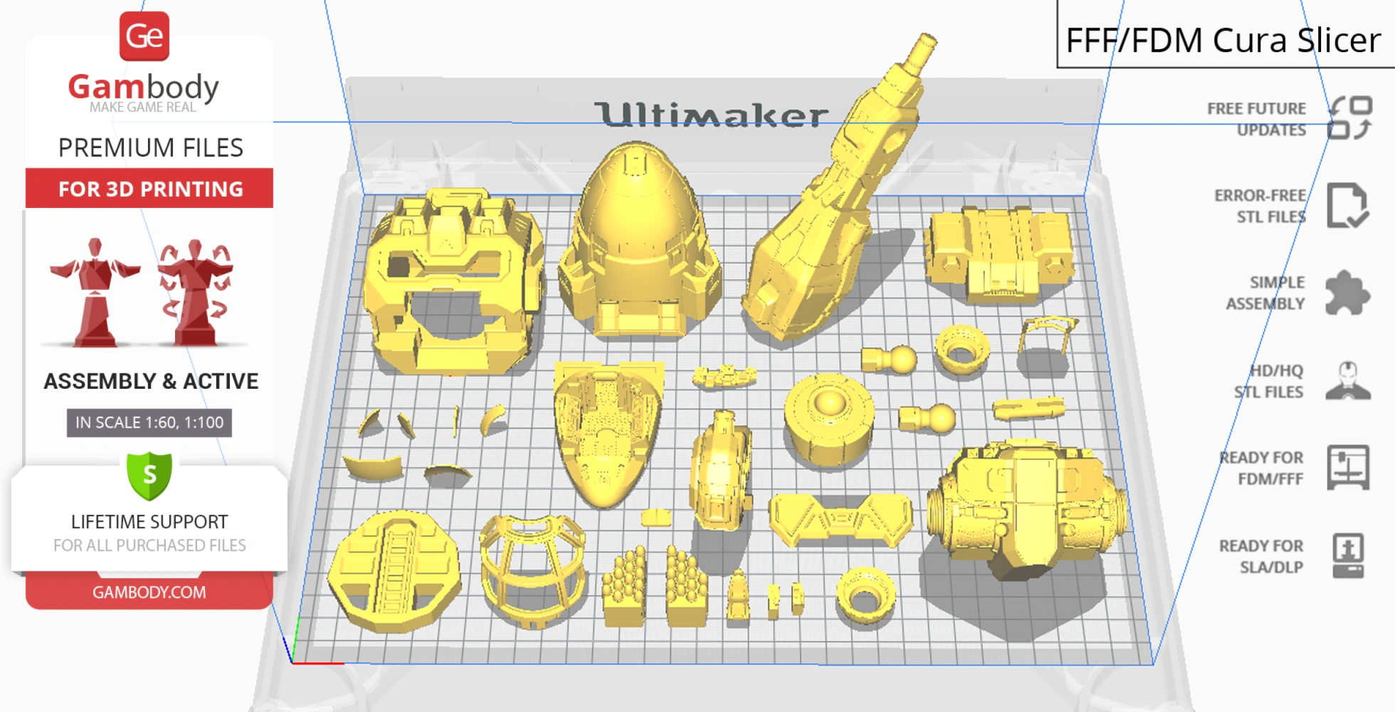 3D print-ready model parts of a Mad Cat MkII mech from MWO, displayed on a grid for assembly.
