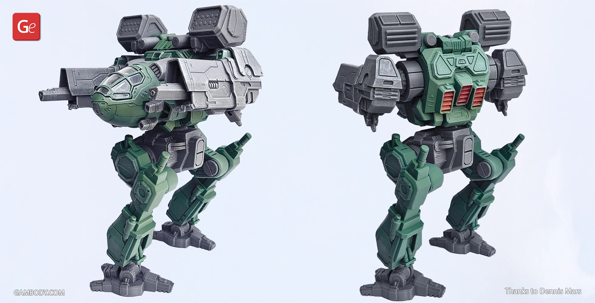 3D model of a green and gray robotic mech with dual cannons and missile launchers, viewed from front and back.