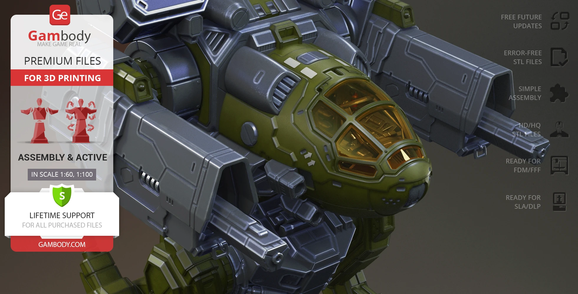 A detailed 3D model of a Mad Cat MkII mech, featuring a green cockpit and metallic body for 3D printing.