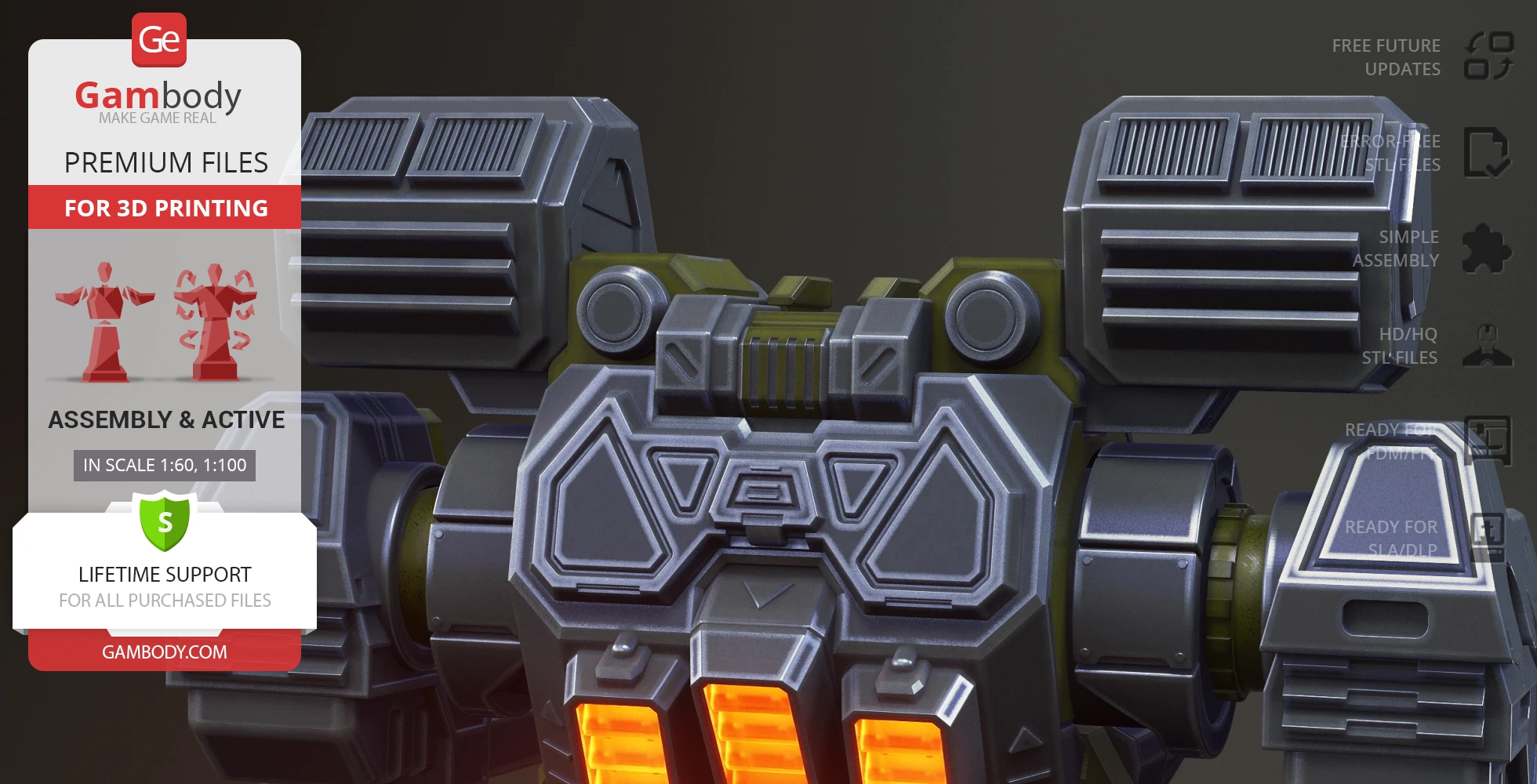 Close-up of a detailed mech model with angular armor plates and orange vent-like details for 3D printing.