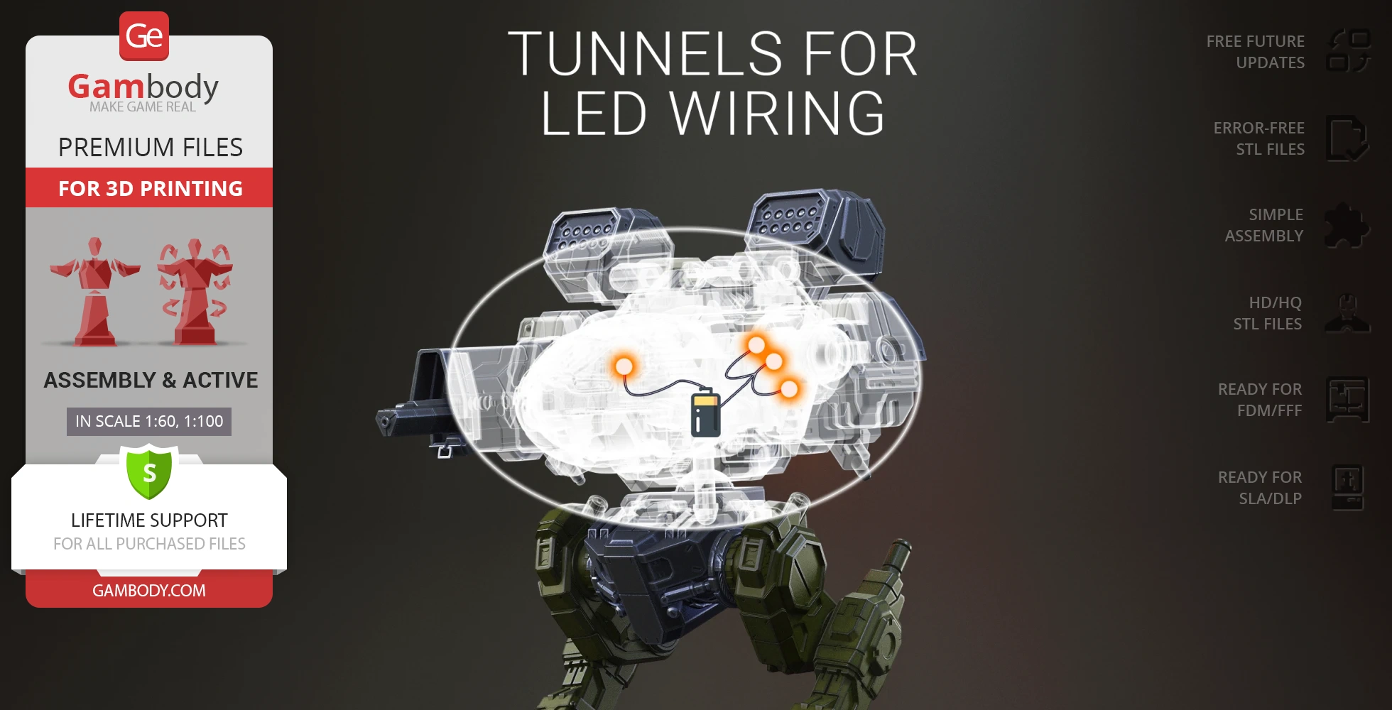 3D model of Mad Cat MkII mech showcasing LED wiring tunnels for assembly guidance.