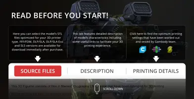 Image of a mecha model with instructions for downloading, description, and printing options.