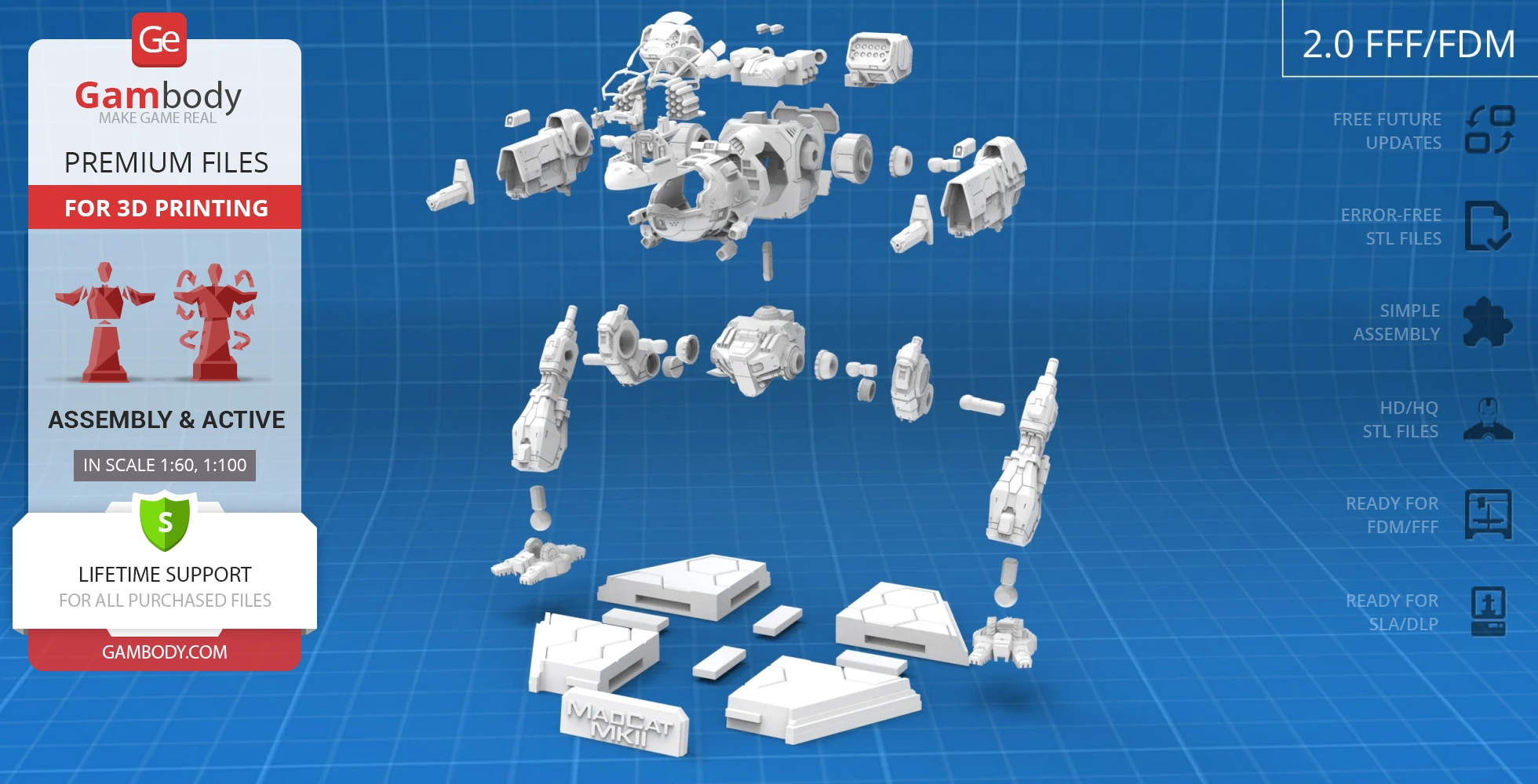 Exploded 3D model assembly of Mad Cat MkII mech for 3D printing, displayed on a blue grid background.